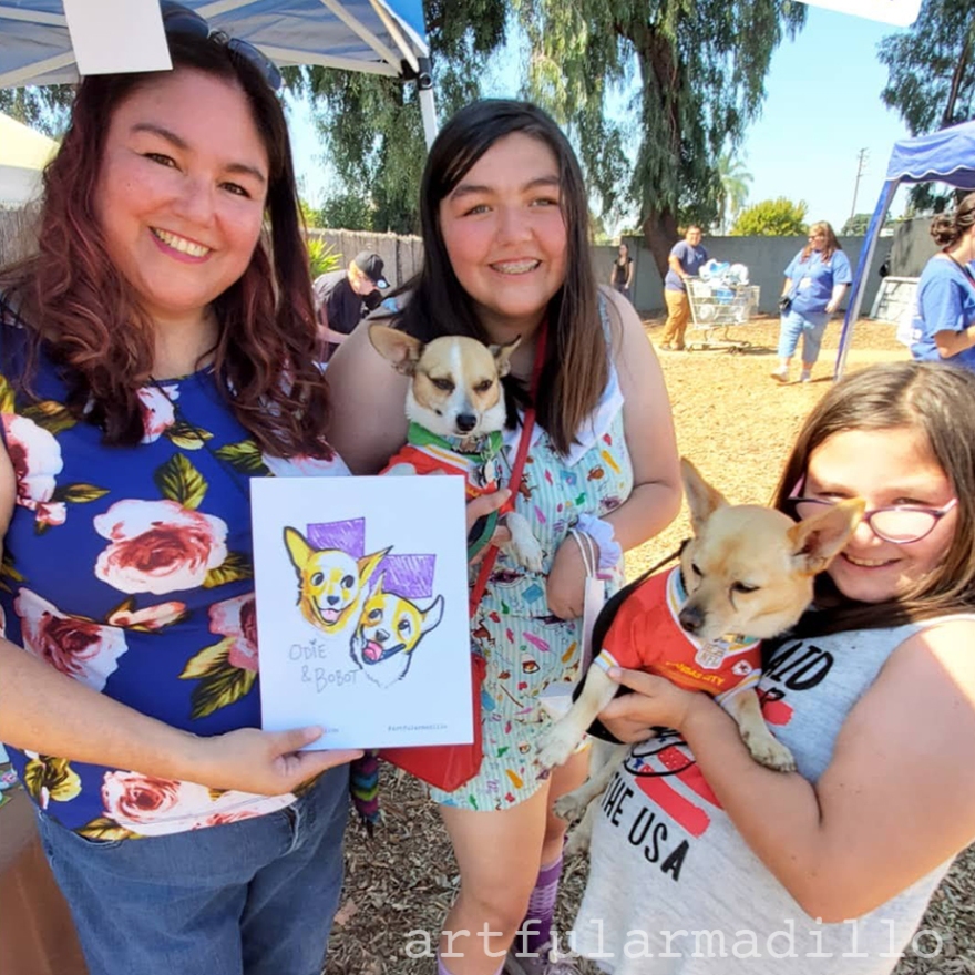 A family poses with their pet caricature