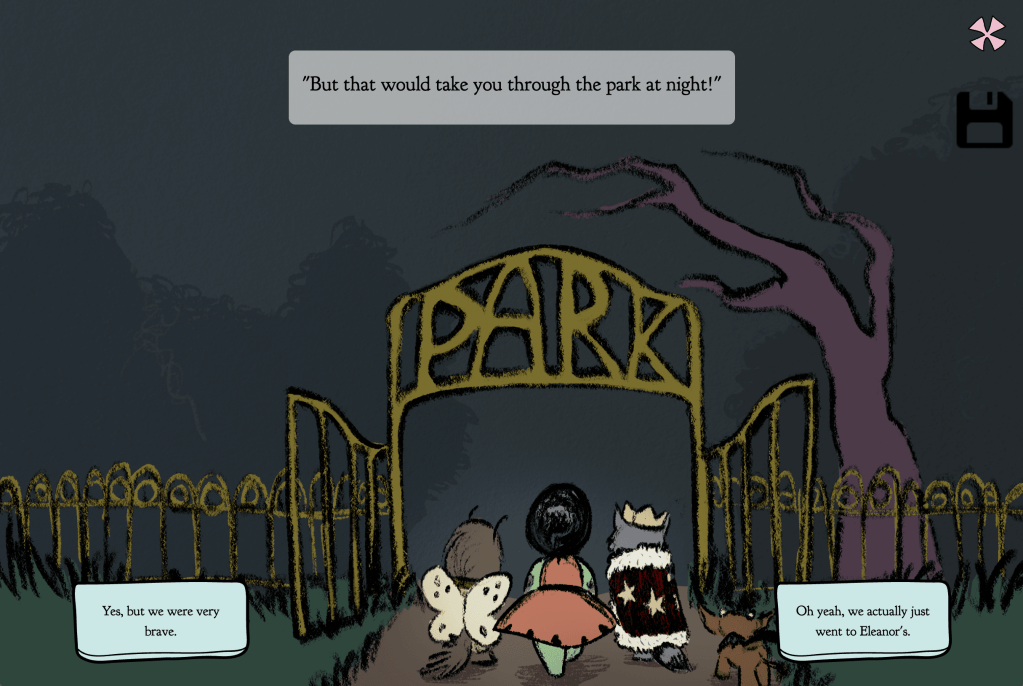 Priscilla, Opal, Todd, and Tiny Cow face the entryway to the park.